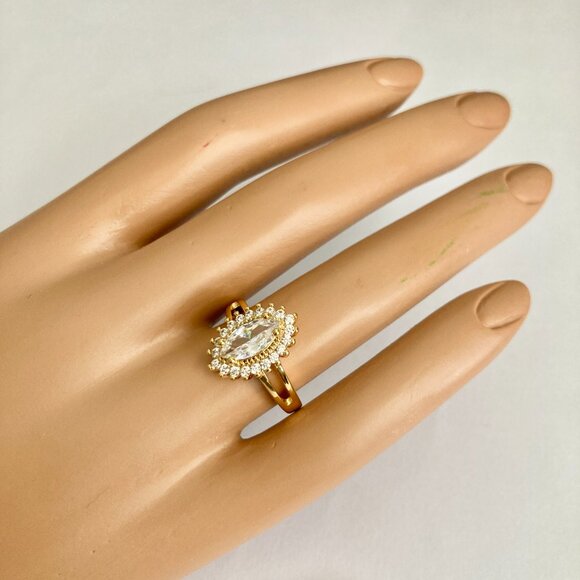 Marquise Cut Cubic Zirconia Halo Cocktail Ring Yellow Gold Plated Size 7 8 9 - Picture 6 of 12